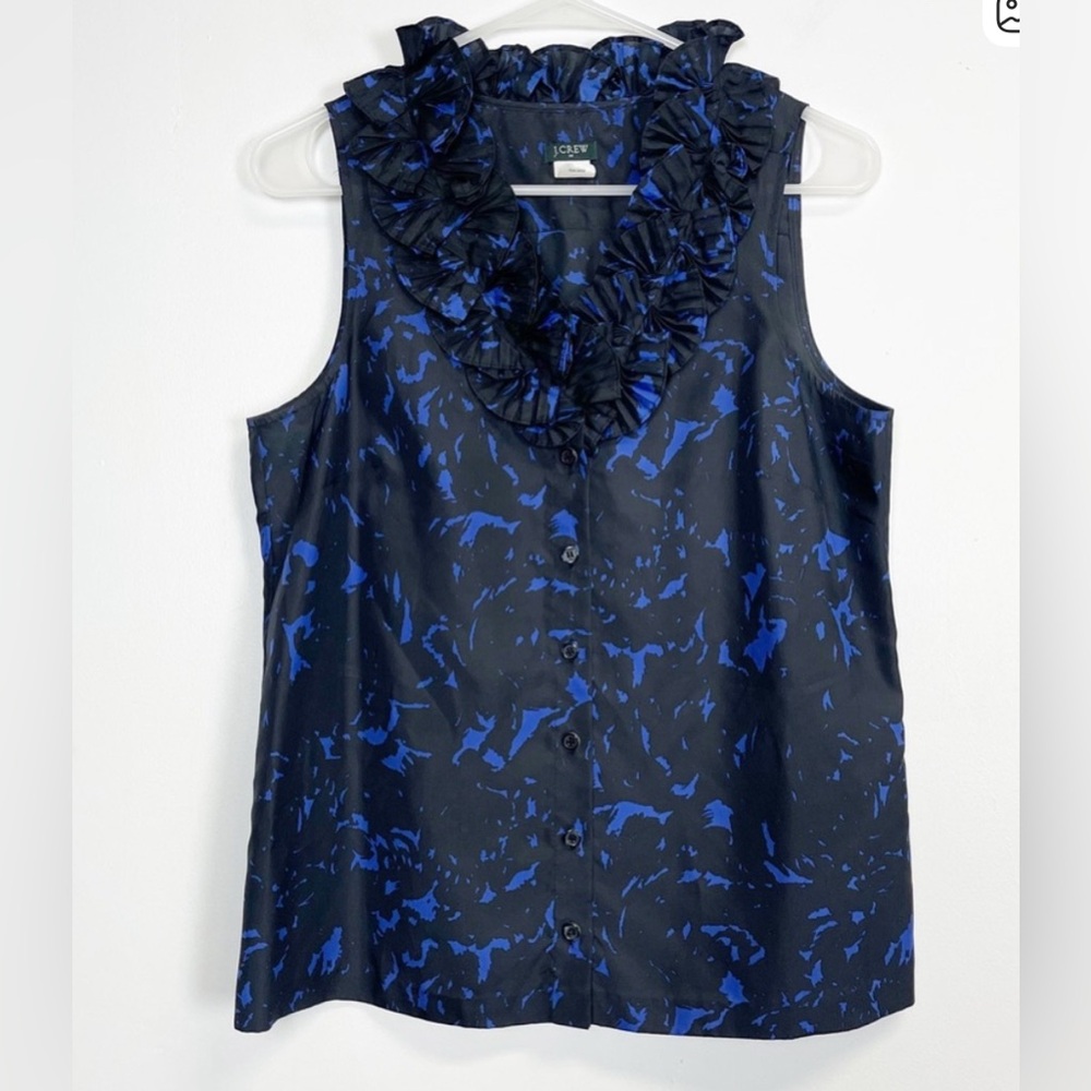 J Crew Shirt Womens Size 6 Black Blue Blouse Sleeveless Silk Ruffle Collar
